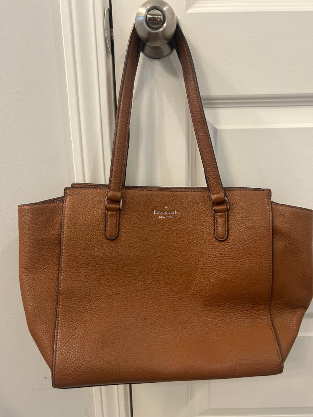 Kate Spade Pebbled Leather Tote Brown Cognac Pink Lining Large Work Bag - Picture 2 of 5